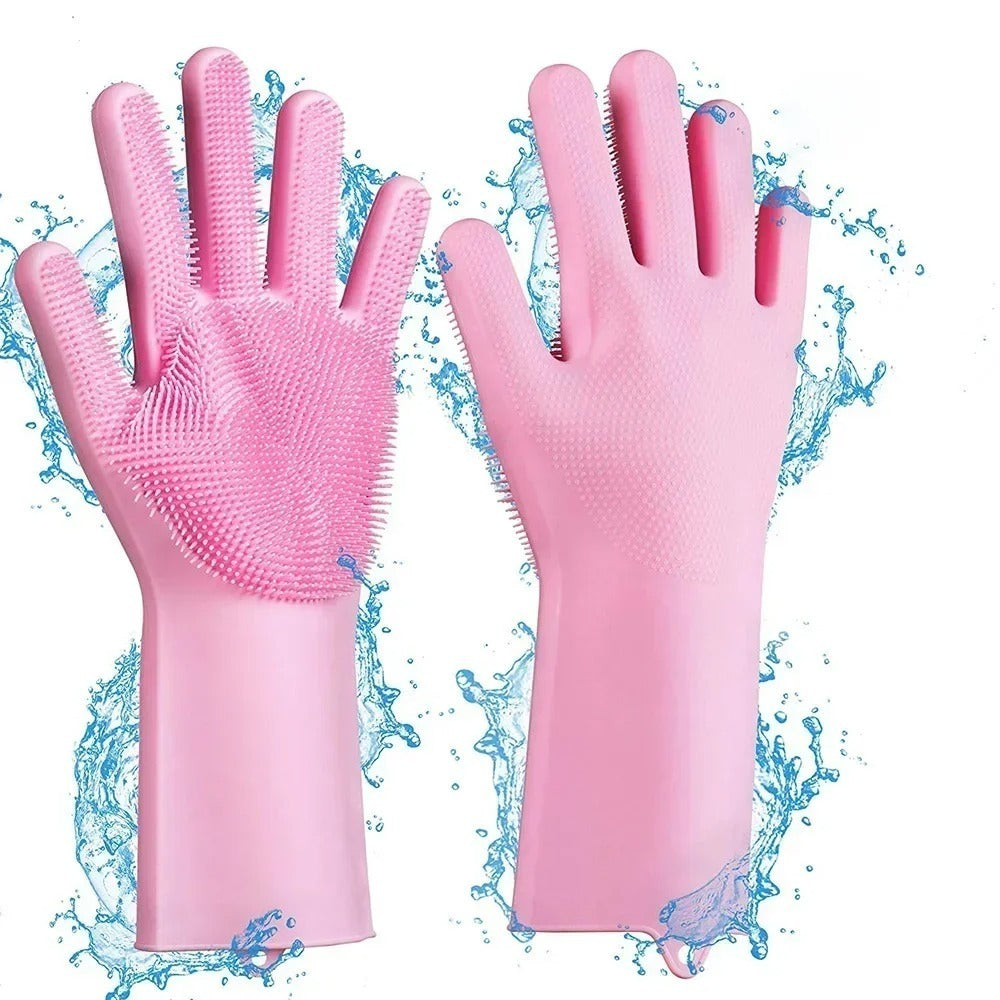 Magic Silicone Dish Washing Gloves | Reusable Heat-Resistant Rubber Cleaning Gloves with Built-In Scrubber for Kitchen, Dishes, Car, Bathroom & Household Use